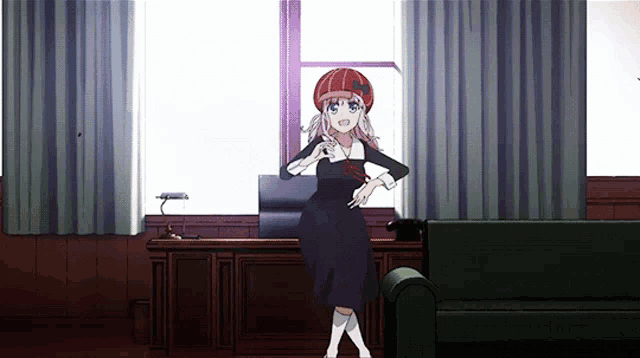 a girl in a red hat is standing in front of a window in a room