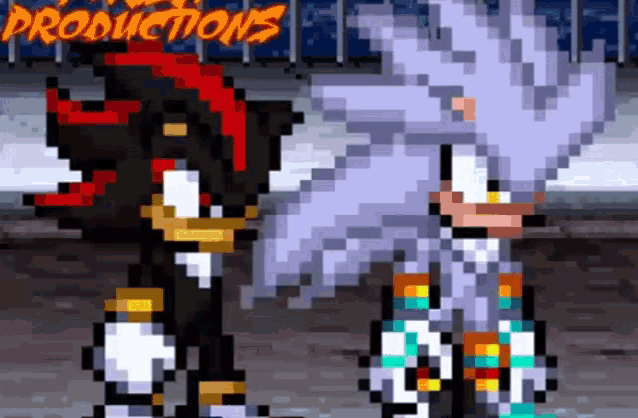 a pixel art of shadow the hedgehog and silver the hedgehog from sonic the hedgehog