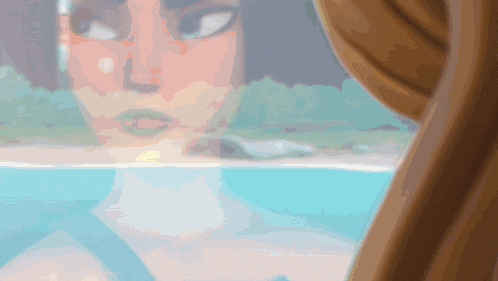 a drawing of a woman looking out a window at a pool