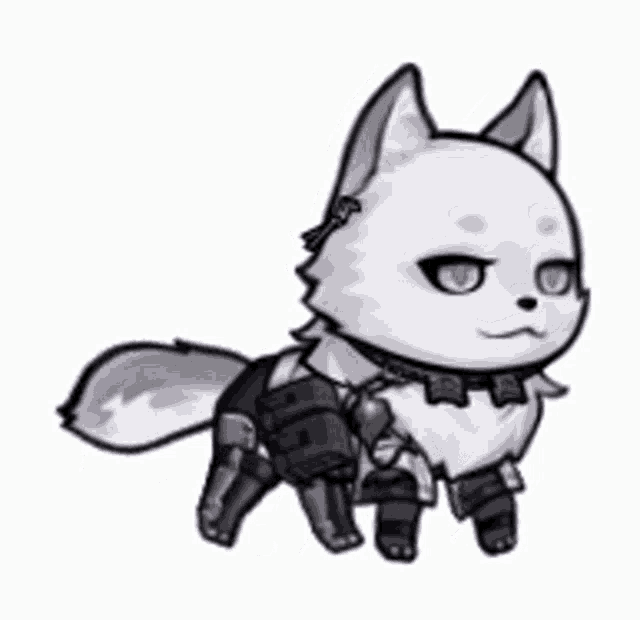 a cartoon drawing of a white wolf with purple eyes and armor .