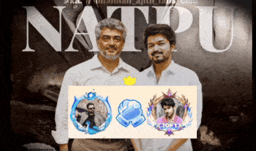 two men stand next to each other in front of a poster that says natpu