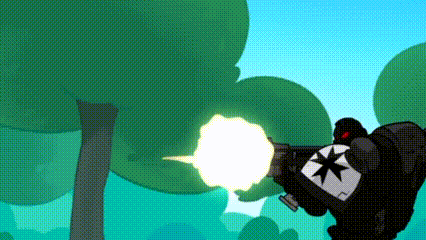 a cartoon character is holding a gun with a white star on his chest .