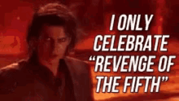 a man is standing in front of a sign that says `` i only celebrate `` revenge of the fifth '' .