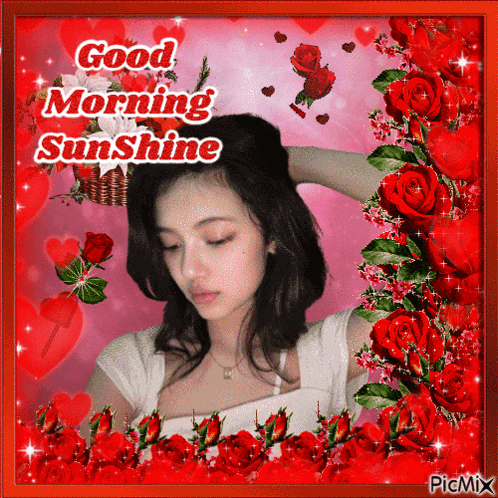a picture of a woman with the words good morning sunshine written on it