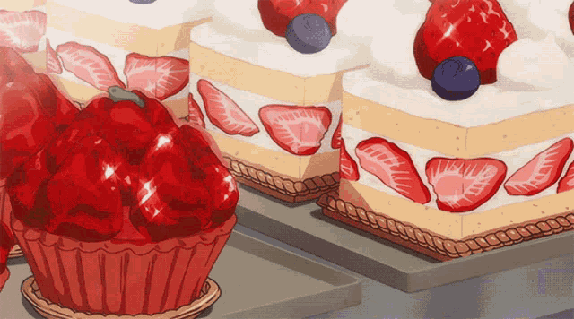 three cakes with strawberries and blueberries on them