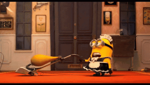 a yellow minion wearing a maid outfit is vacuuming the floor