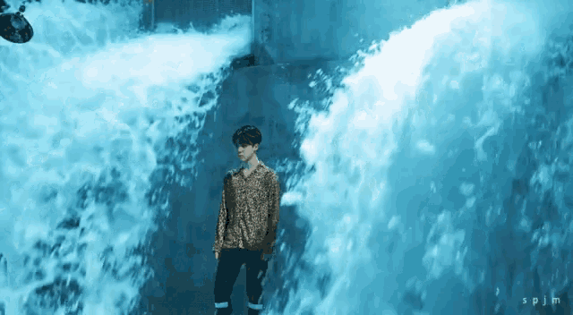 a man in a leopard print shirt is standing in front of a large body of water .