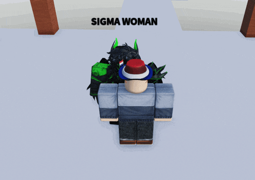 a person standing next to a monster with the word sigma woman behind them