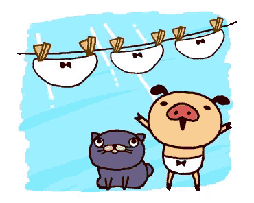 a cartoon of a pig and a cat standing next to a line of underwear