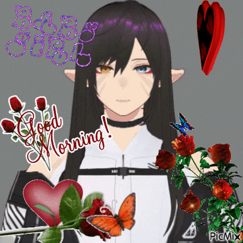 a picture of a girl with roses and butterflies and the words good morning