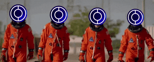 a group of astronauts are walking in a line with blue circles on their heads