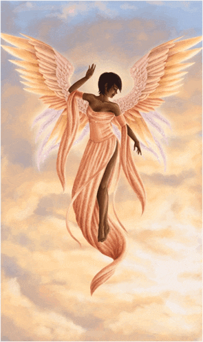 a painting of a woman with wings and a pink dress