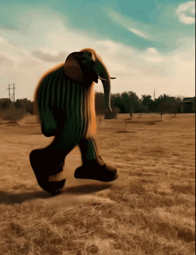a cartoon elephant is running through a dry grass field