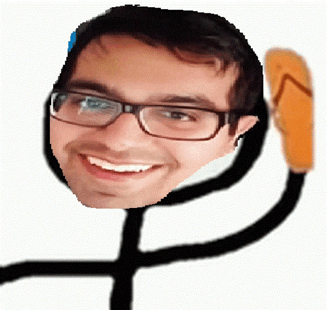 a stick figure of a man with glasses and a flip flop on his arm