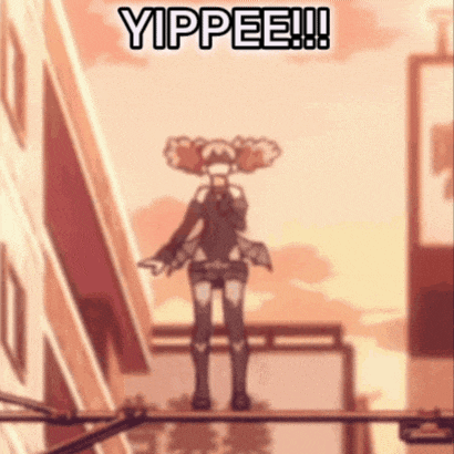 a cartoon of a girl standing on a wire with the words yippee written on the bottom