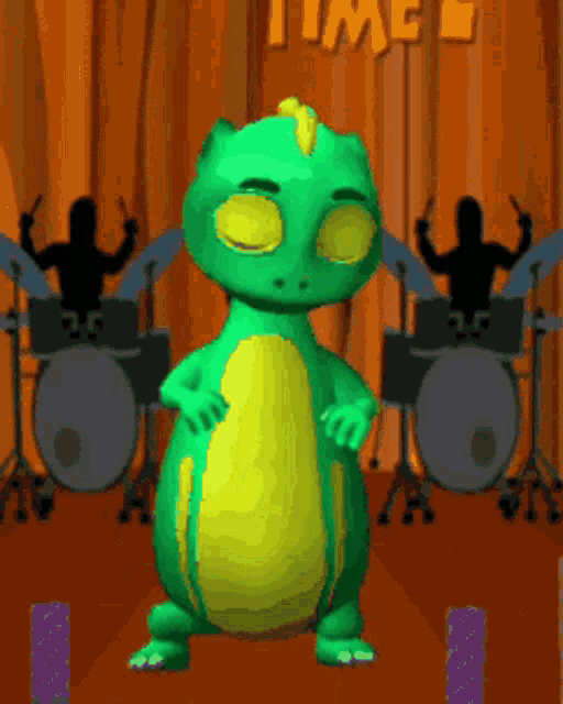 a green and yellow cartoon character is standing in front of a drum set with the word time behind him