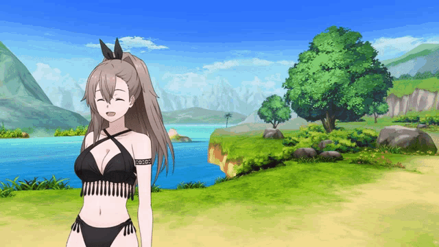 a girl in a black bikini is standing in front of a lake