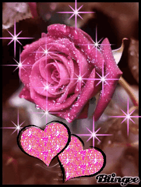 a picture of a pink rose and two pink hearts with blingee written on the bottom