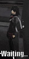 a girl with a backpack is standing in front of a wall with the words `` waiting '' written on it .