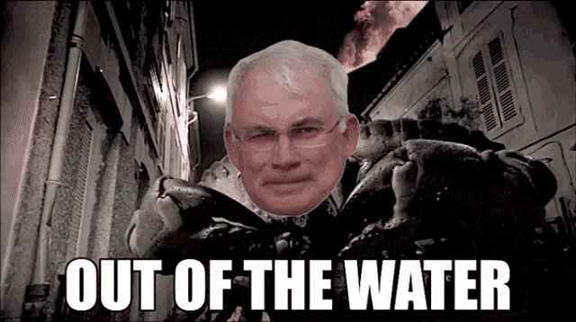 a picture of a man with glasses and the words out of the water below him