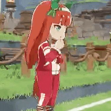 a cartoon girl with red hair and green eyes is standing on a grassy field .