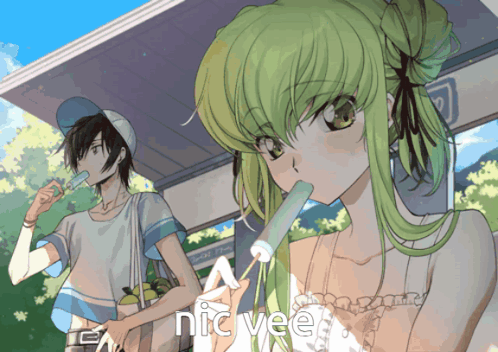 a girl with green hair is eating an ice cream cone next to a boy who is eating a banana