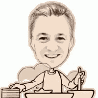 a cartoon of a man holding a spoon and smiling while eating from a bowl .