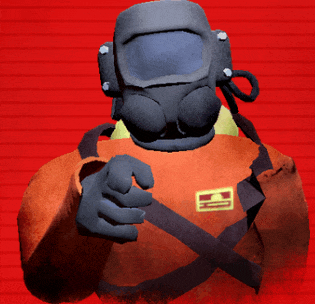 a person wearing a gas mask and an orange jacket with a yellow emblem on it