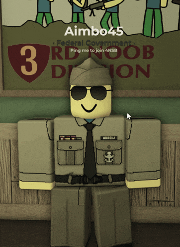 a roblox character with the name aimbo45 standing in front of a poster
