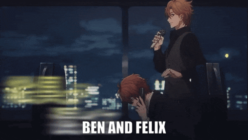 a poster for ben and felix shows a man singing into a microphone and another man talking on a cell phone