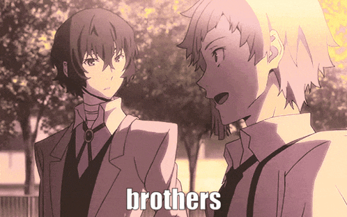 two anime characters are standing next to each other and the word brothers is on the screen