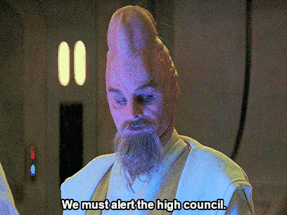 a man with a beard and a big head says we must alert the high council .
