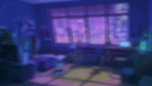 a cartoon character is crying in front of a window with purple lights