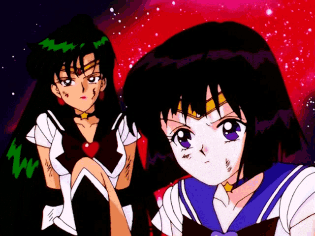 a girl with a heart on her chest is standing next to another girl with purple eyes