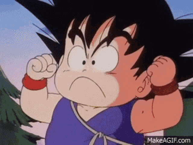 a cartoon character from dragon ball z is making a funny face while holding his fist in the air .