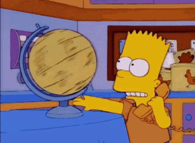 bart simpson is looking at a globe while talking on a phone