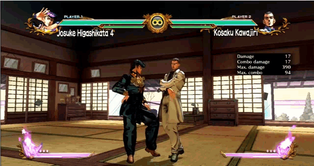a screenshot of a video game showing two characters named josuke higashikata 4 and kosaku kawajiri