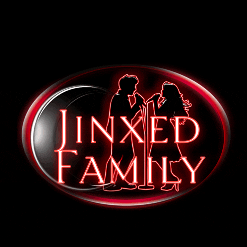 a logo for jinxed family with a man and woman singing into microphones