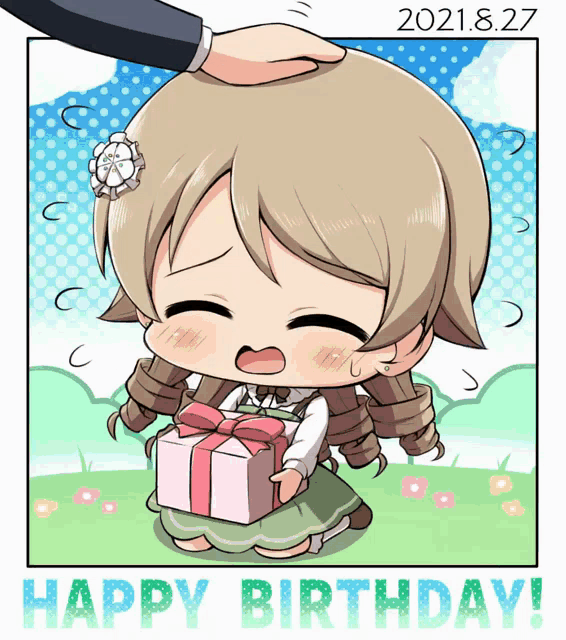 a drawing of a girl holding a gift box with the words happy birthday