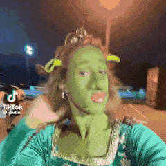 a woman in a shrek costume is taking a selfie with a crown on her head .