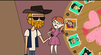 a man and a girl are standing next to each other in front of a table with pictures on it .