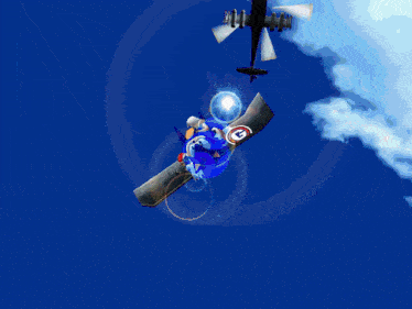 sonic the hedgehog is flying through the air with a g on a blue background