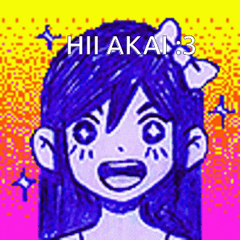 a drawing of a girl with blue hair and a bow in her hair with the words hii akai 3 .