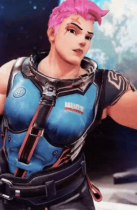a woman with pink hair is wearing a blue vest that says armour