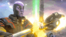 a man in a futuristic suit is holding a sword in his hands .