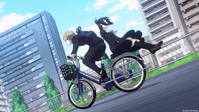 two anime characters are riding bicycles on a city street with omake gif anime written below them