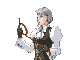 a pixel art of a woman holding a whip in her hand