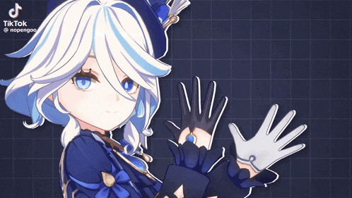a girl with white hair and blue eyes is wearing gloves