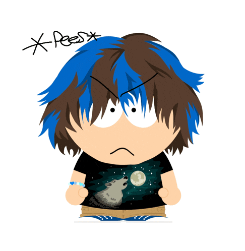 a cartoon character with blue hair has the word peess written on the bottom right