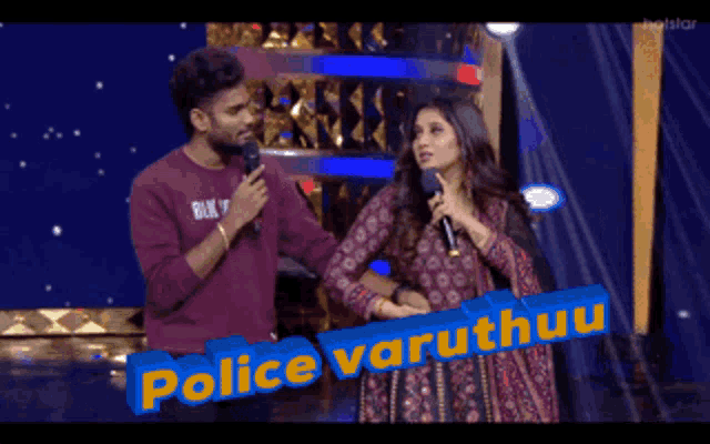 a man holding a microphone next to a woman with the words police varuthuu on the bottom right